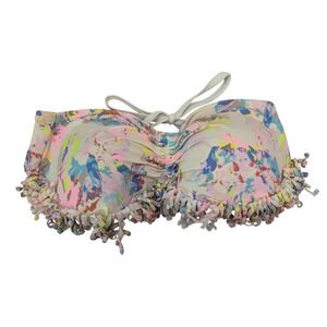 Victoria's Secret Fringe Swim Bikini Top Bustier Pink Bandeau Floral Sz 36D Boho